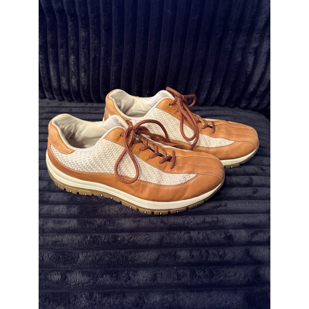 SAO Mens Size 12M Comfort Shoes Brown Beige Leather Sneakers Herringbone Pattern